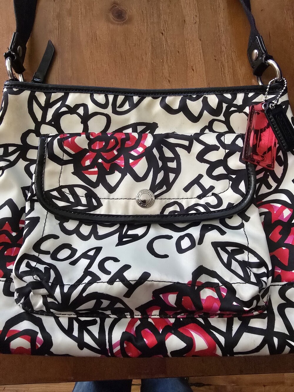 Coach Graffiti Kyra,PoppyBlack,White,Red Floral Shoulder/Crossbody Bag